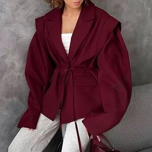 Structured Burgundy Tie-Waist Blazer